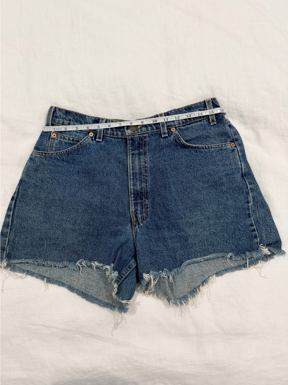 Upcycled Orange Tag Levi's Dark Blue High-Waist Cutoff Denim Shorts